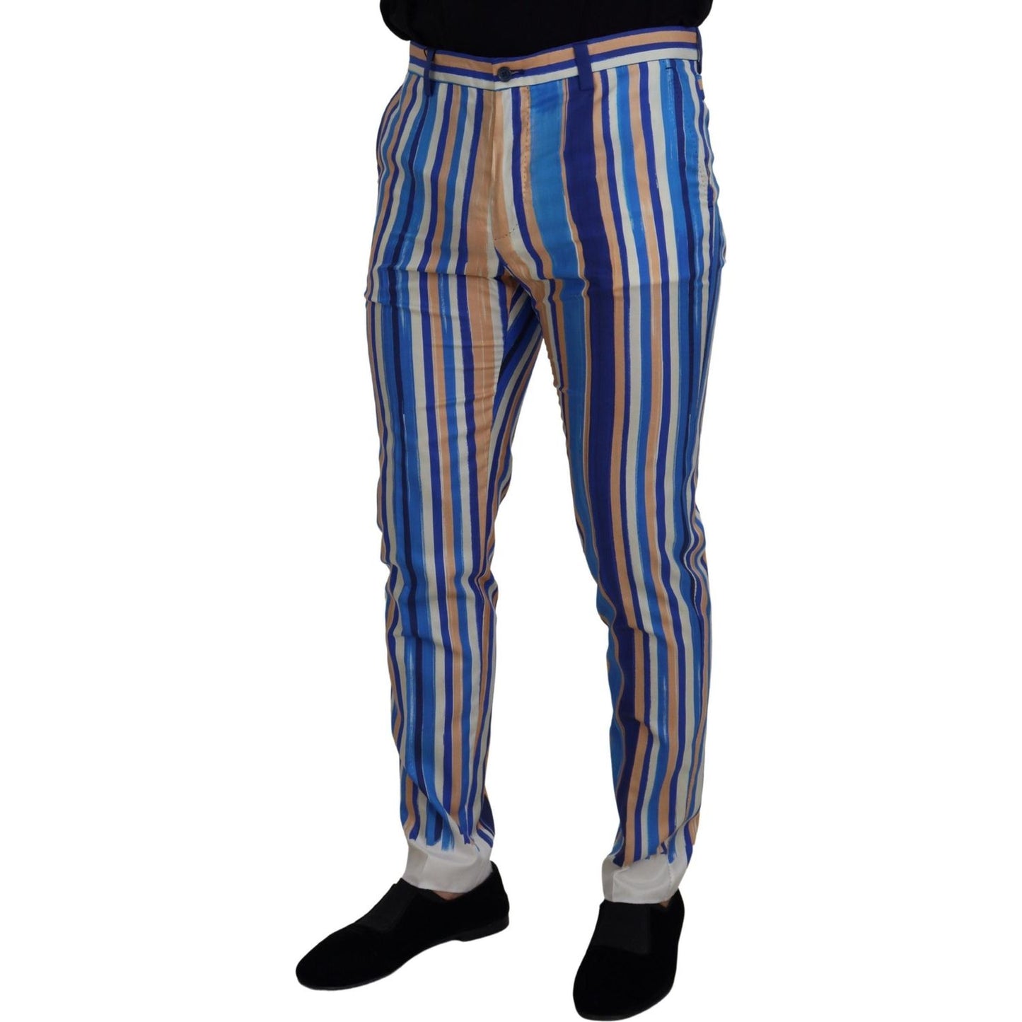 Dolce & Gabbana Blue Striped Silk Cotton Slim Trousers Pants