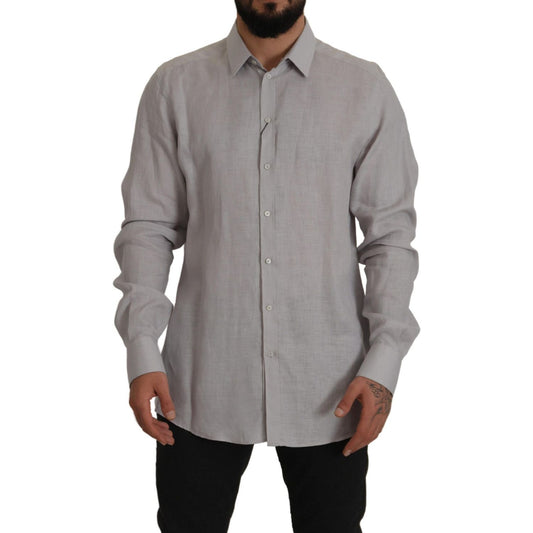 Dolce & Gabbana Gray Linen Long Sleeves Formal GOLD Shirt