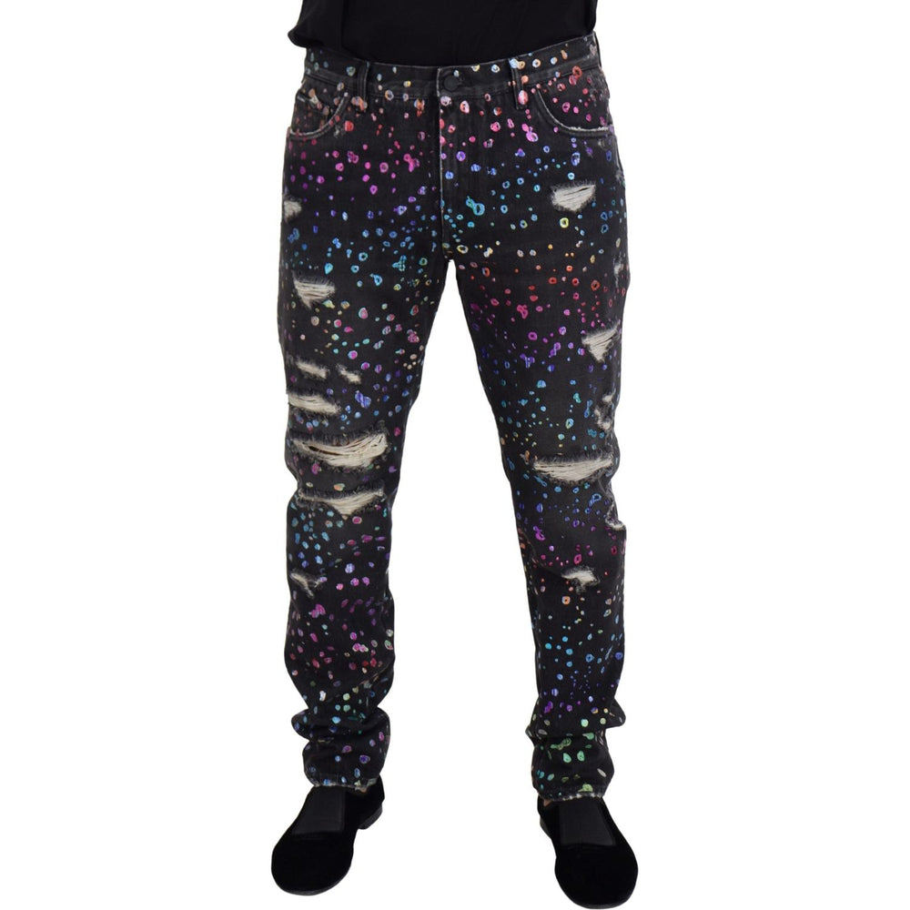 Dolce & Gabbana Black Multicolor Print Tattered Denim Jeans PAN73302 - 50
