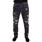 Dolce & Gabbana Black Multicolor Print Tattered Denim Jeans PAN73302 - 50