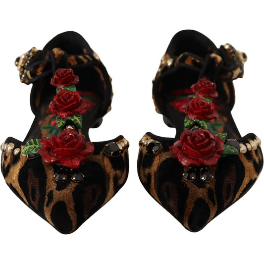Dolce & Gabbana Floral Embellished Leopard T-Strap Sandals Dolce & Gabbana Black