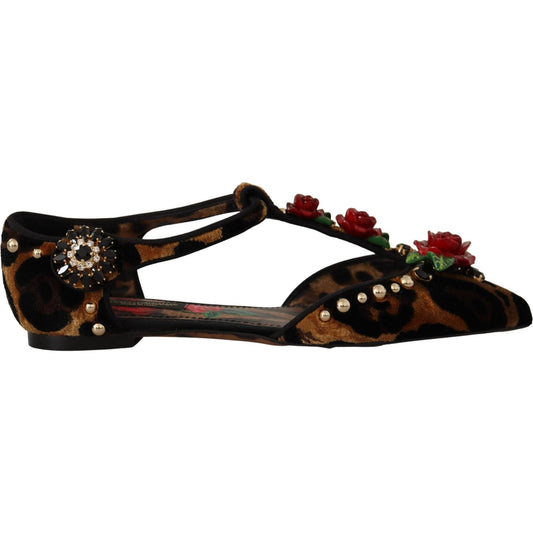 Dolce & Gabbana Floral Embellished Leopard T-Strap Sandals Dolce & Gabbana Black