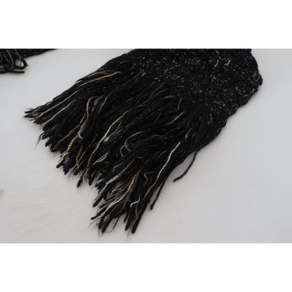 Dolce & Gabbana Black Wool Knitted Wrap Foulard Fringe Scarf