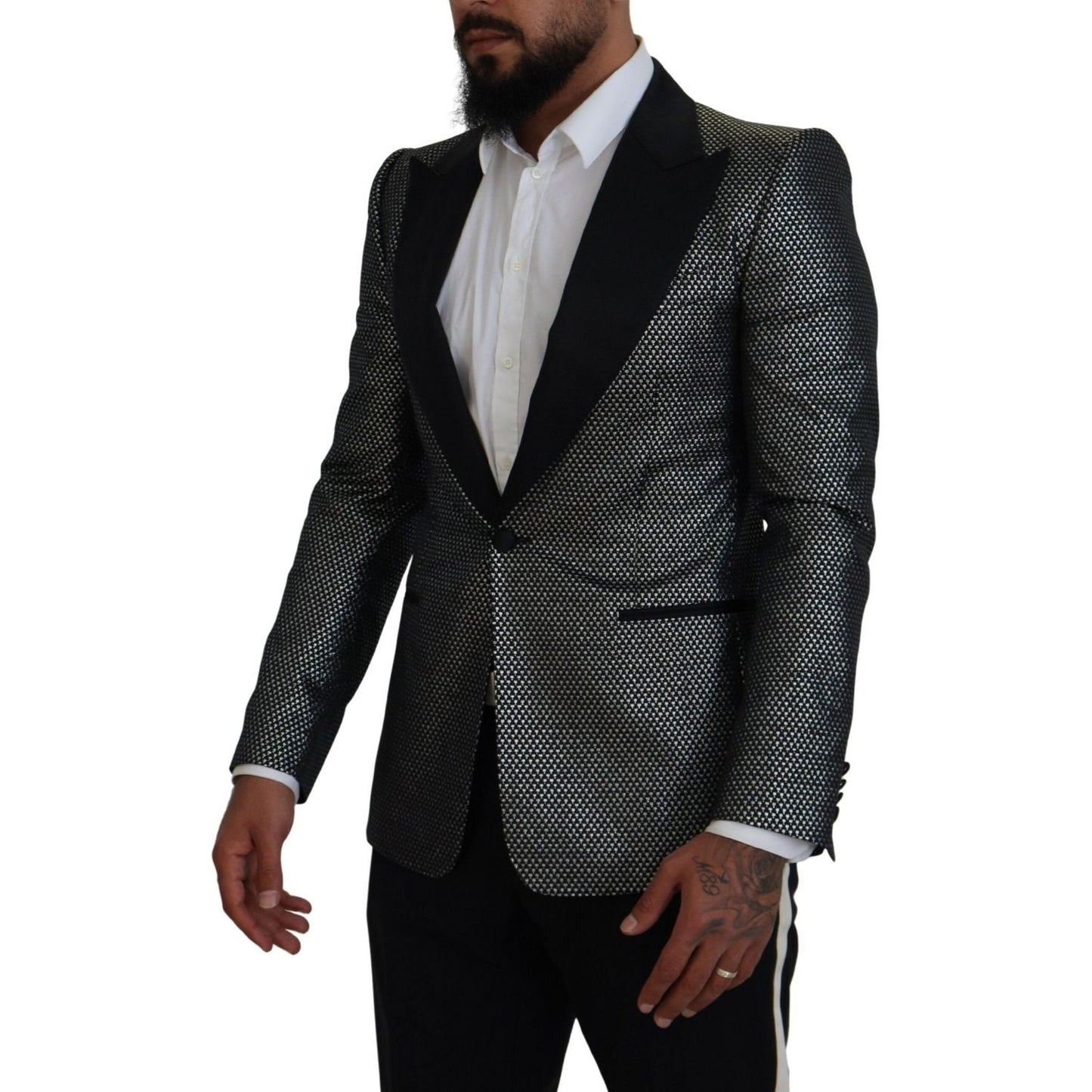 Dolce & Gabbana Black Silver Jacquard Slim Fit Jacket Blazer KOS2115-46