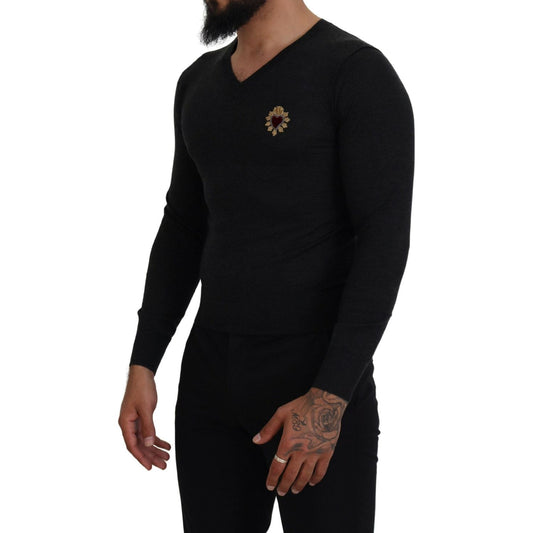 Dolce & Gabbana V-Neck Cashmere Sweater with Heart Embroidery Dolce & Gabbana Black
