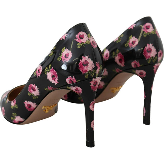 Prada Elegant Floral Print Leather Pumps Prada Dark Slate Gray