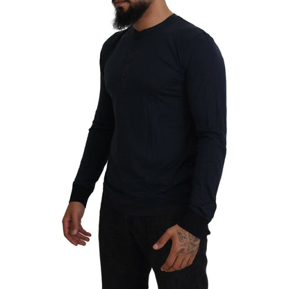 Dolce & Gabbana Blue Cotton Button Crewneck Pullover Sweater