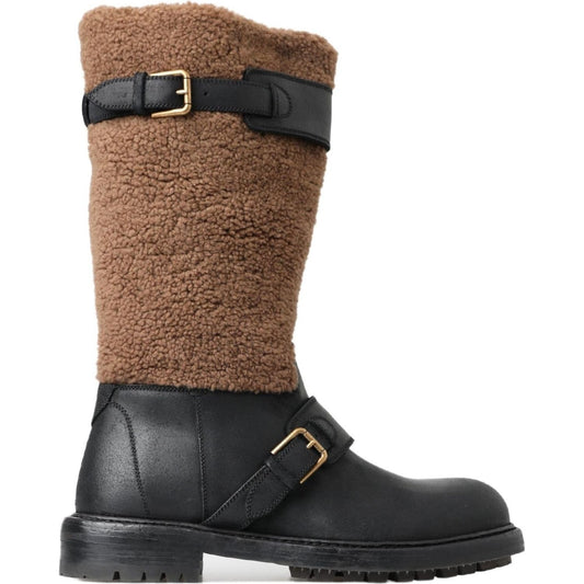 Dolce & Gabbana Black Shearling Leather Long Boots Dolce & Gabbana Dark Slate Gray