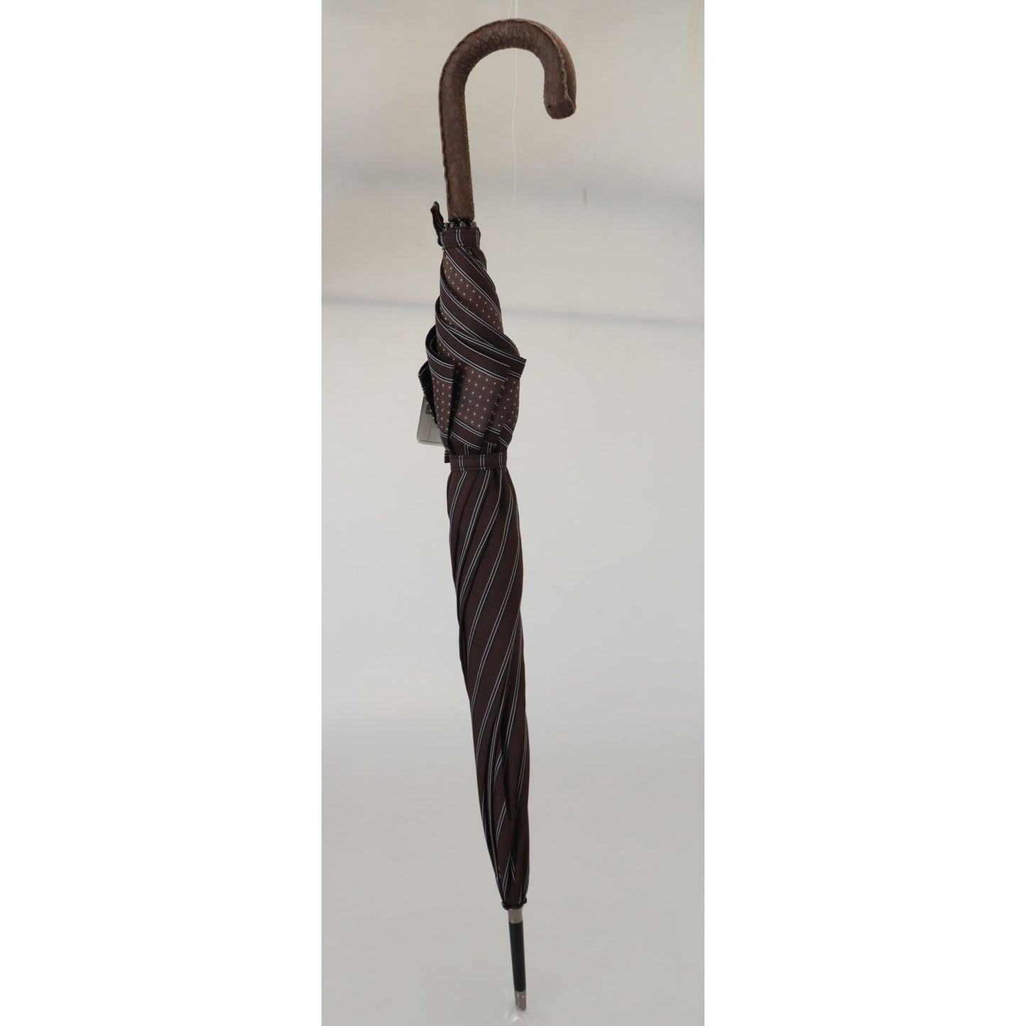 Dolce & Gabbana Brown Striped Leather Handle Collapsible Sartoria Umbrella