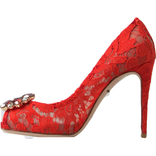 Dolce & Gabbana Chic Red Lace Heels with Crystal Embellishment Dolce & Gabbana Brown