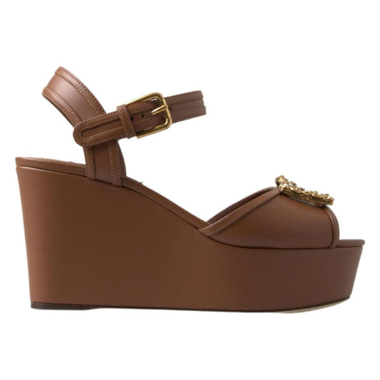 Dolce & Gabbana Chic Brown Leather Ankle Strap Wedges Dolce & Gabbana Dark Olive Green