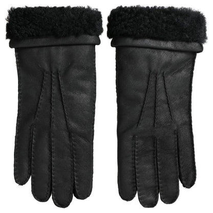 Dolce & Gabbana Black Leather Fur Short Hands Mitten Men Gloves