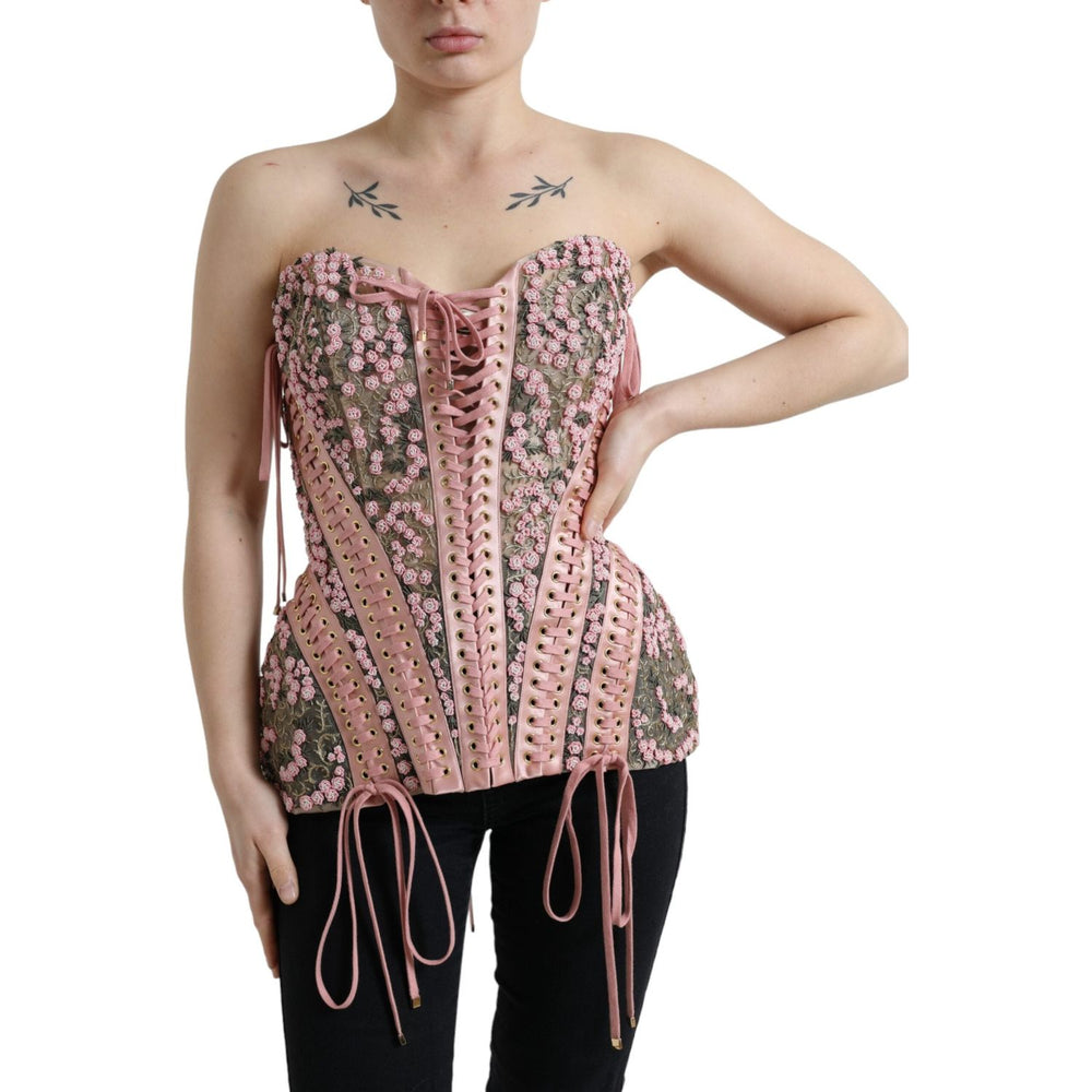 Dolce & Gabbana Pink Floral Applique Bustier Corset Top TSH84259-38