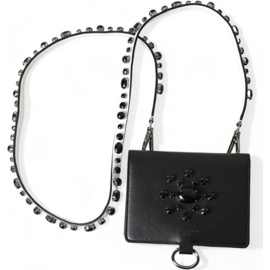 Dolce & Gabbana Black Leather Crystal Embellished Card Holder Wallet BAG1285