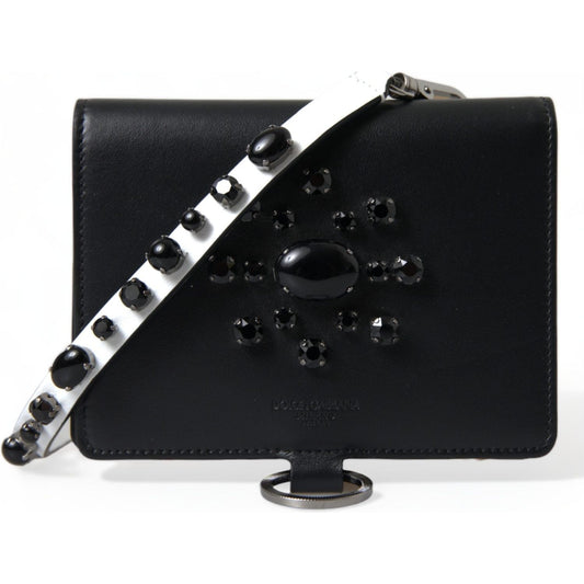 Dolce & Gabbana Black Leather Crystal Embellished Card Holder Wallet BAG1285