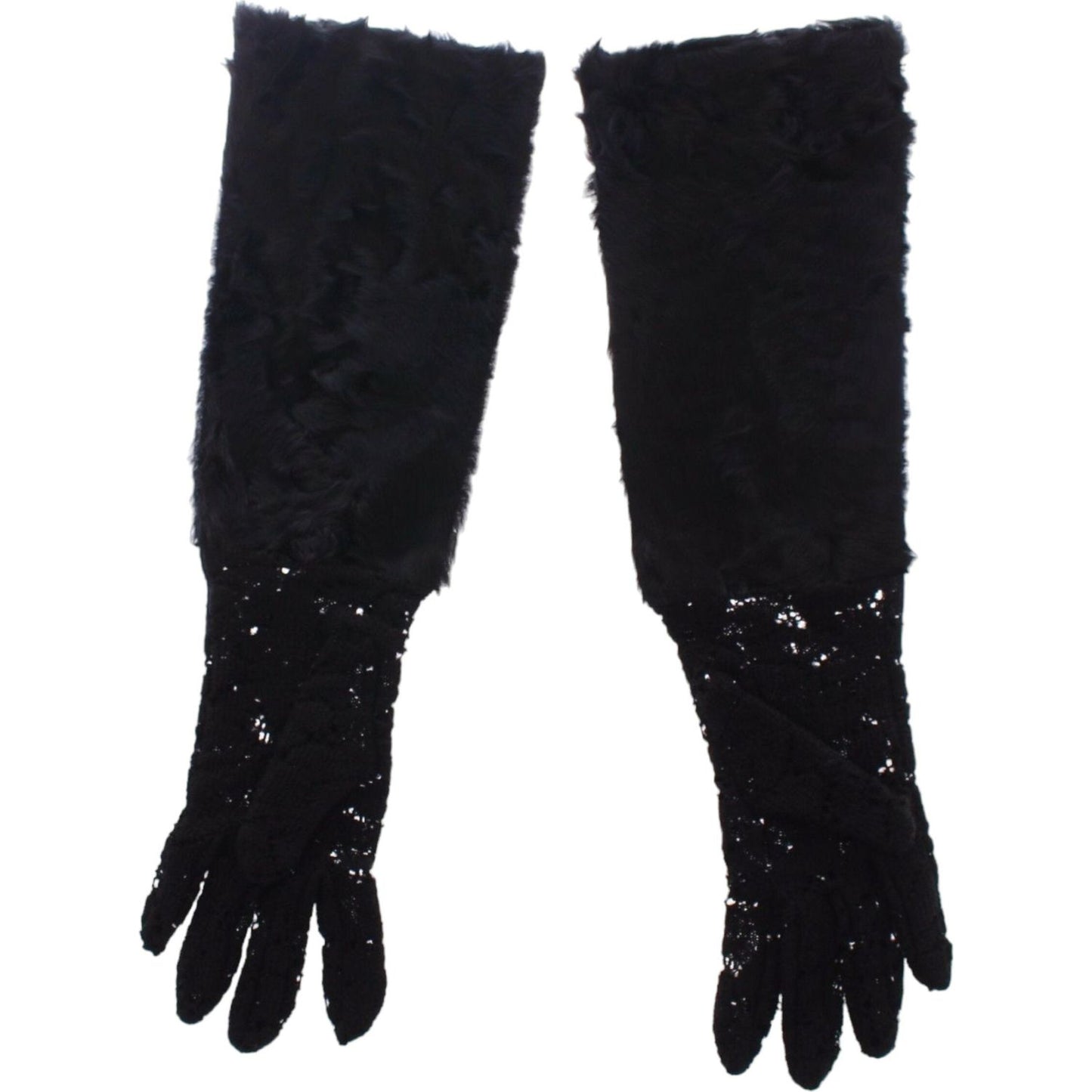 Dolce & Gabbana Black Lace Wool Lambskin Fur Elbow Gloves