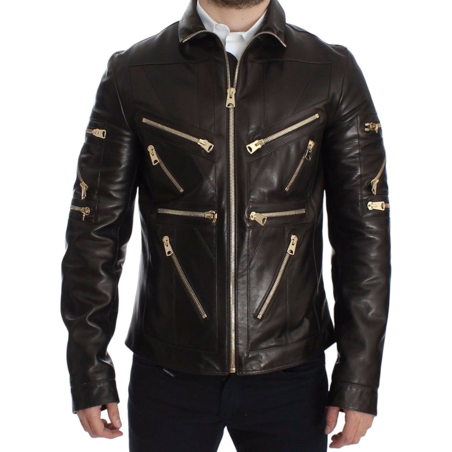 Dolce & Gabbana Brown Lambskin Leather Zipper Jacket SIG14073-3