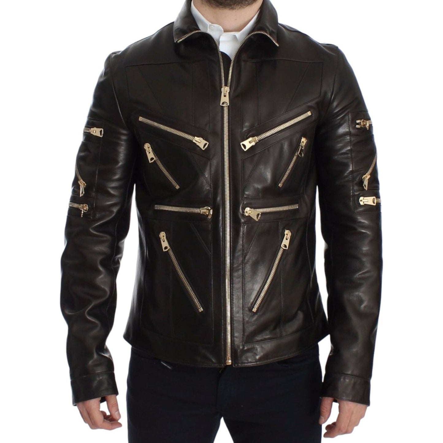 Dolce & Gabbana Brown Lambskin Leather Zipper Jacket SIG14073-3