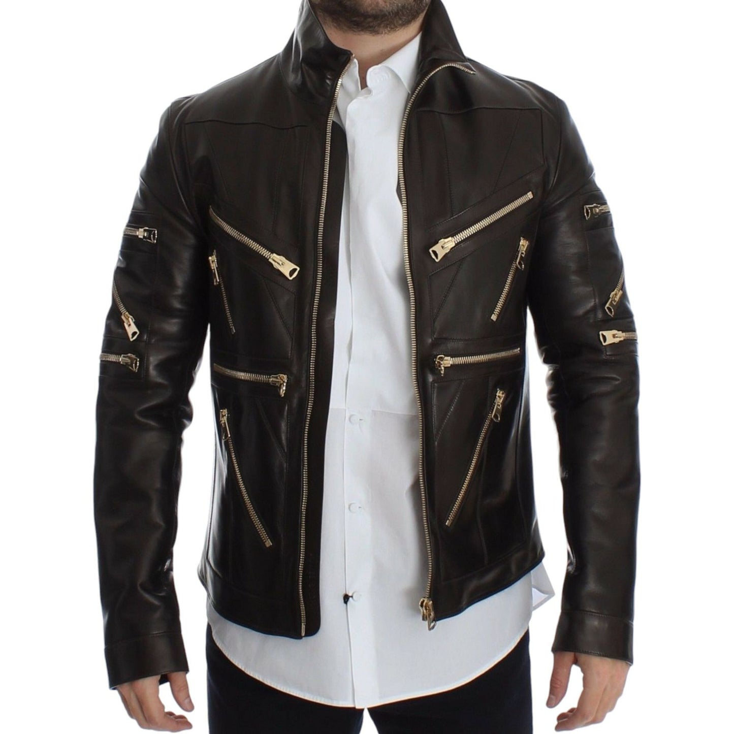 Dolce & Gabbana Brown Lambskin Leather Zipper Jacket SIG14073-3