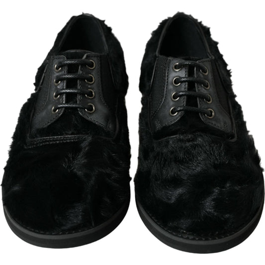 Dolce & Gabbana Elegant Black Fur Derby Dress Shoes for Men Dolce & Gabbana Black