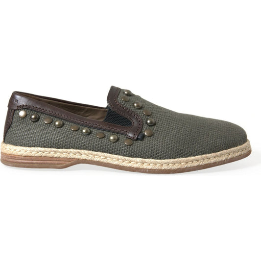 Dolce & Gabbana Studded Canvas Loafer Slipper Shoes Dolce & Gabbana Dark Olive Green