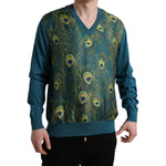 Dolce & Gabbana Silk V-Neck Peacock Feather Sweater Dolce & Gabbana Dark Slate Gray