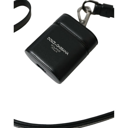 Dolce & Gabbana Black Leather Strap Silver Metal Logo Printed Airpods Case
