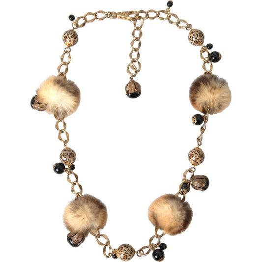 Dolce & Gabbana Gold Brass Leopard Fur Pearl Collier Chain Belt Dolce & Gabbana Rosy Brown