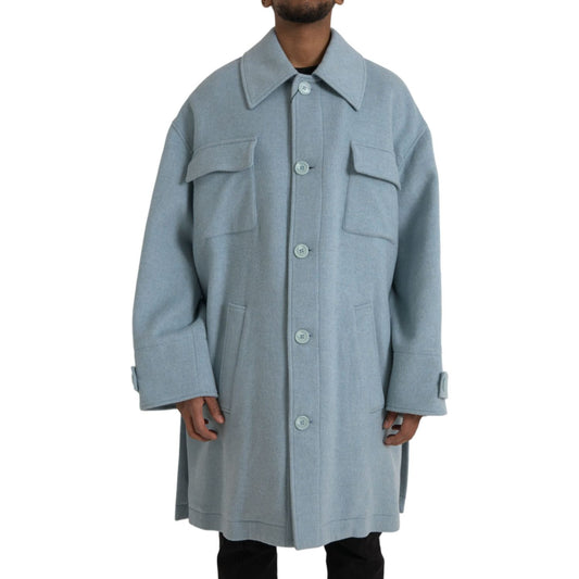 Dolce & Gabbana Light Blue Wool Button Trench Coat Jacket Dolce & Gabbana Light Slate Gray