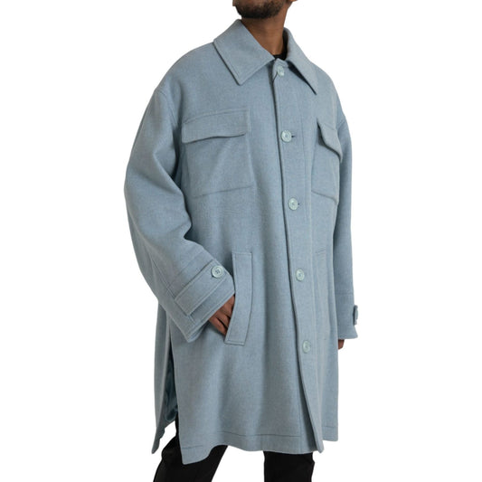 Dolce & Gabbana Light Blue Wool Button Trench Coat Jacket Dolce & Gabbana Light Slate Gray