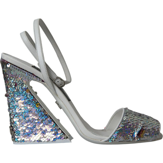 Dolce & Gabbana White Silver Sequin Ankle Strap Sandals Shoes Dolce & Gabbana Light Slate Gray