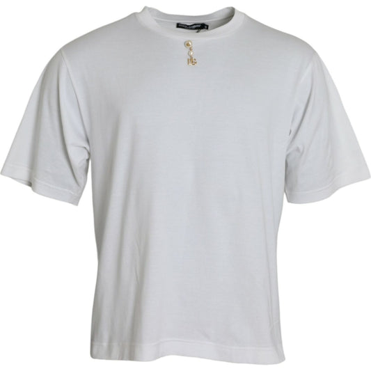 Dolce & Gabbana White Embellished Cotton Crew Neck T-shirt Dolce & Gabbana Light Gray