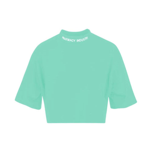 Green cotton t-shirt with Pharmacy Industry logo embroidered on collar, short sleeves, and modern design.