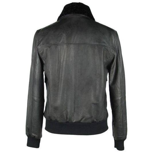 Emilio Romanelli Sleek Black Leather Zip Jacket Emilio Romanelli Dark Slate Gray