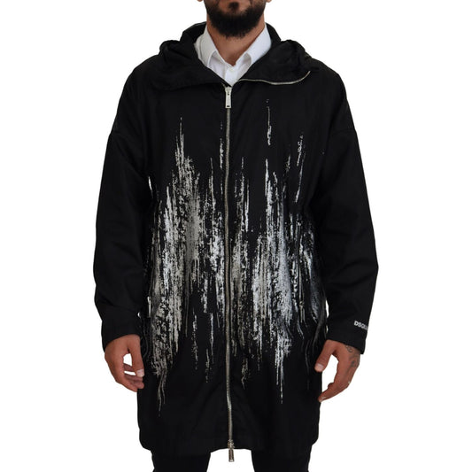 Dsquared² Black White Print Long Hooded Coat Nylon Jacket Dsquared² Black