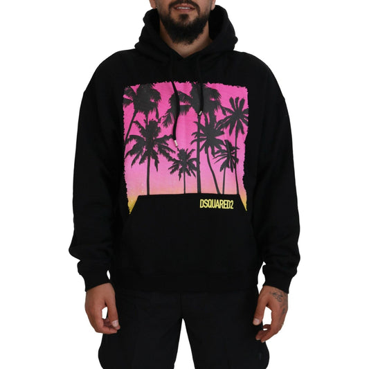 Dsquared² Black Cotton Hooded Printed Men Pullover Sweater Dsquared² Pale Violet Red