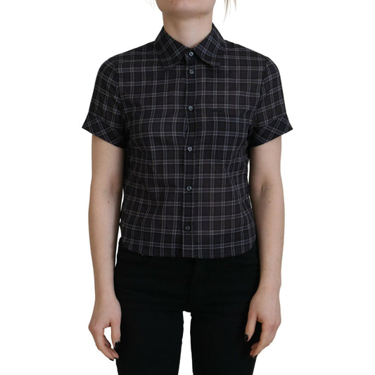 Dsquared² Black Checkered Collared Button Short Sleeves Top Dsquared² Black