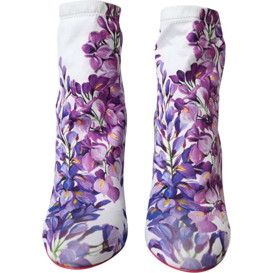 Dolce & Gabbana White Floral Jersey Stretch Boots Shoes Dolce & Gabbana Dark Gray