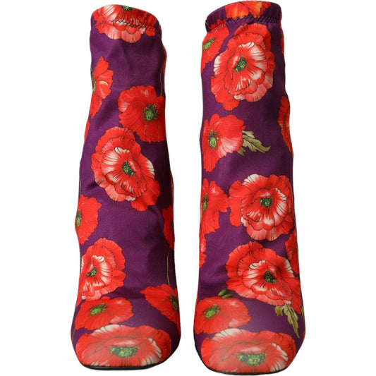 Dolce & Gabbana Purple Floral Jersey Stretch Boots Shoes Dolce & Gabbana Firebrick