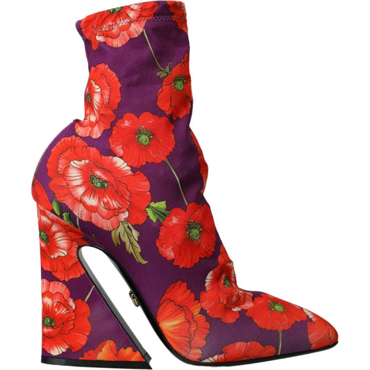 Dolce & Gabbana Purple Floral Jersey Stretch Boots Shoes Dolce & Gabbana Firebrick