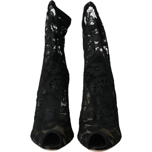 Dolce & Gabbana Black Stretch Taormina Lace Boots Shoes Dolce & Gabbana Black