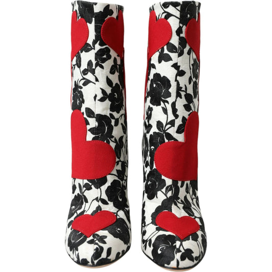 Dolce & Gabbana White Floral Hearts Leather High Boots Shoes Dolce & Gabbana Black