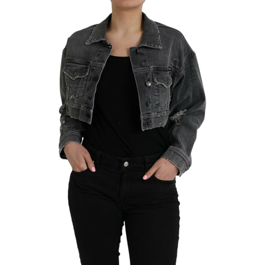 Dolce & Gabbana Dark Gray Cotton Stretch Cropped Denim Jacket Dolce & Gabbana Black