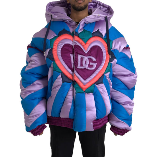 Dolce & Gabbana Multicolor Heart Logo Hooded Puffer Jacket Dolce & Gabbana Dark Slate Blue