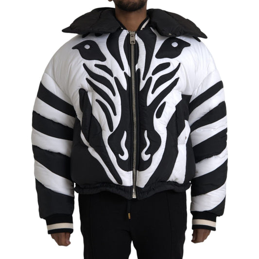 Dolce & Gabbana Black White Stripes Hooded Puffer Jacket Dolce & Gabbana Black