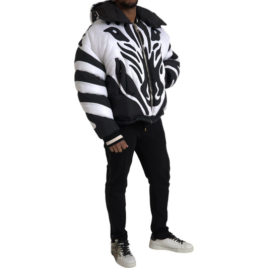 Dolce & Gabbana Black White Stripes Hooded Puffer Jacket Dolce & Gabbana Light Gray