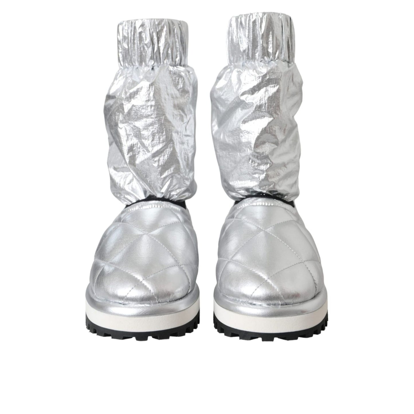 Dolce & Gabbana Metallic Silver Quilted Logo Patch Boot Shoes