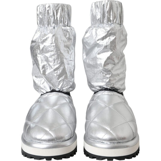 Dolce & Gabbana Metallic Silver Quilted Logo Patch Boot Shoes Dolce & Gabbana Gray