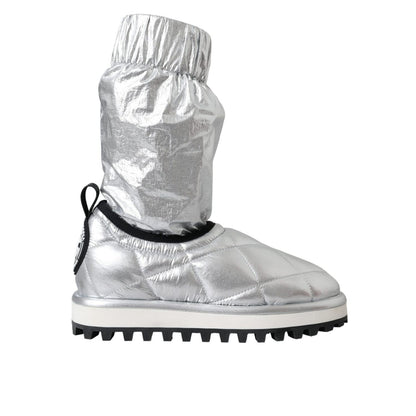 Dolce & Gabbana Metallic Silver Quilted Logo Patch Boot Shoes