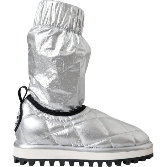 Dolce & Gabbana Metallic Silver Quilted Logo Patch Boot Shoes Dolce & Gabbana Gray